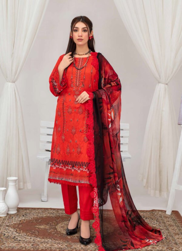Luxury Lawn Red 3 Piece Suit