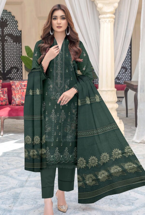 Premium Embroidered Lawn Bottle Green 3 Piece Suit with Fancy Shawl