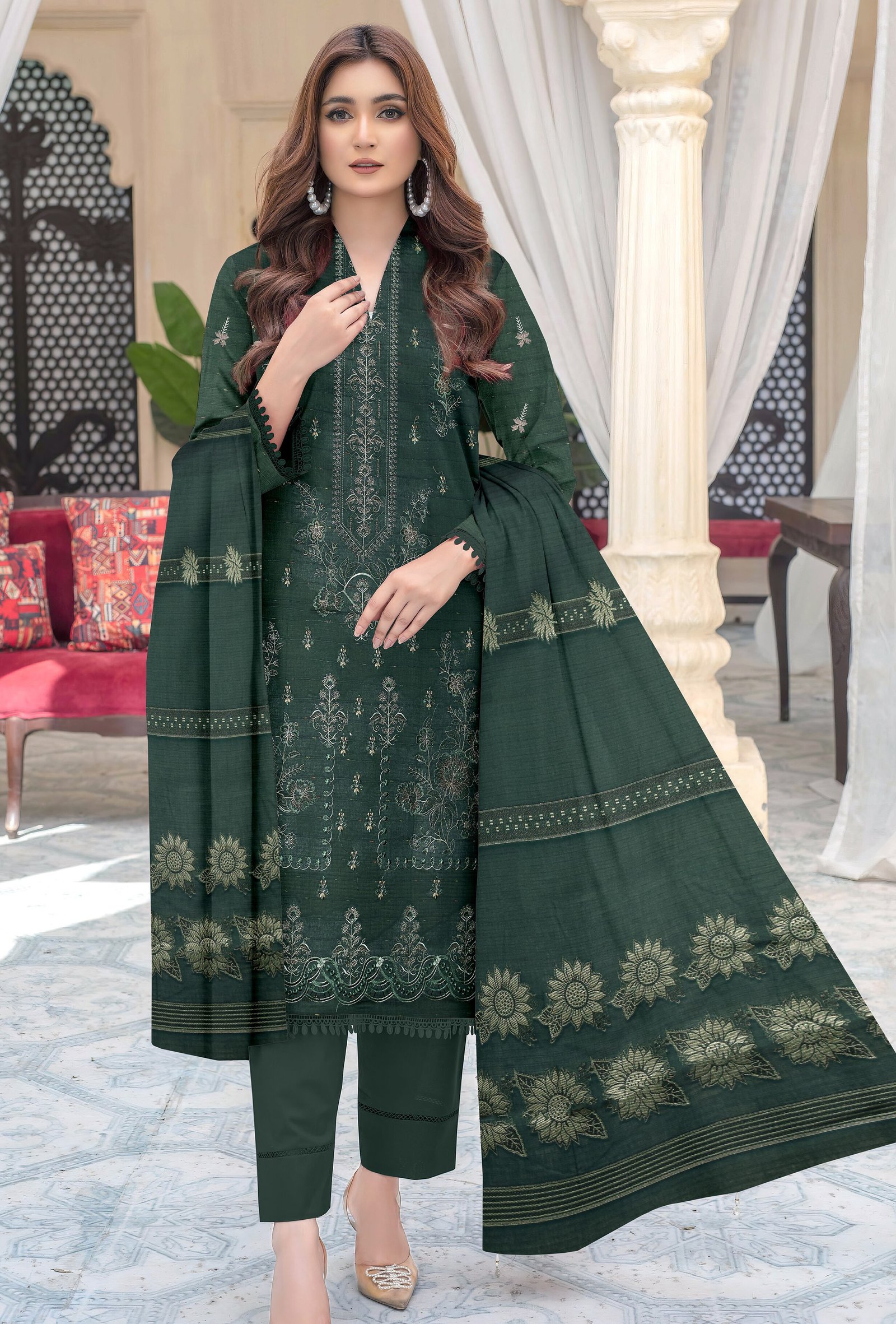 premium-embroidered-lawn-bottle-green-3-piece-suit-with-fancy-shawl