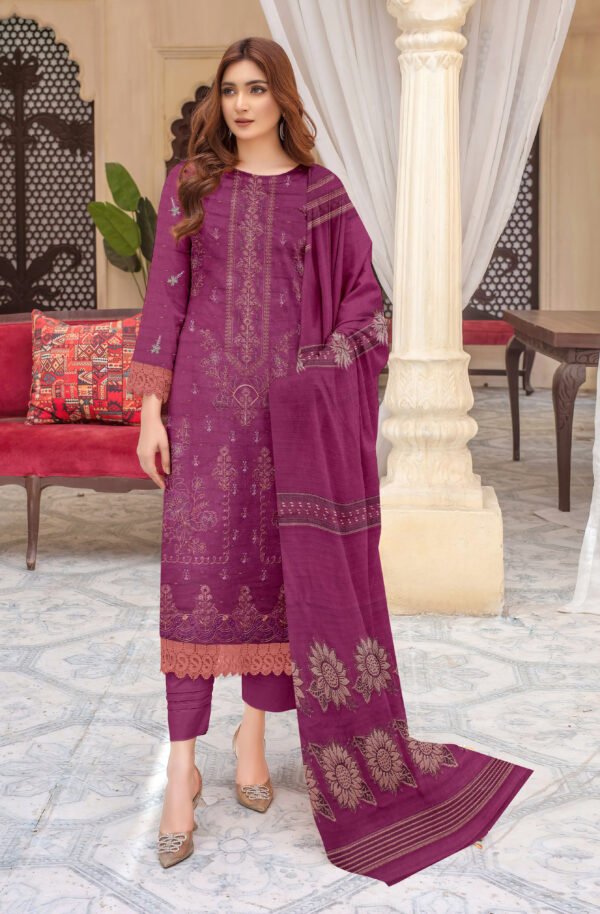 Premium Embroidered Lawn Plum 3 Piece Suit with Fancy Shawl
