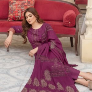 Premium Embroidered Lawn Plum 3 Piece Suit with Fancy Shawl