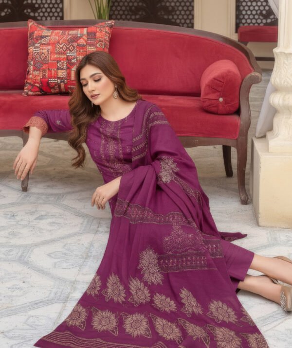 Premium Embroidered Lawn Plum 3 Piece Suit with Fancy Shawl