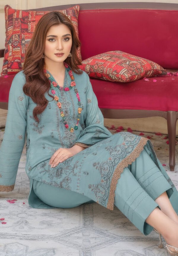 Premium Embroidered Lawn Sea Green 3 Piece Suit with Fancy Shawl