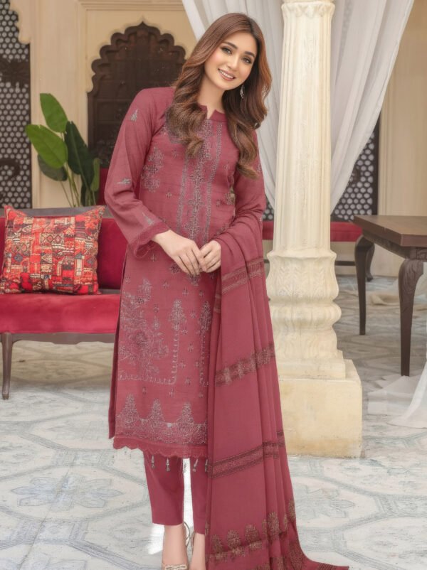 Premium Embroidered Lawn Dusty Rose 3 Piece Suit with Fancy Shawl