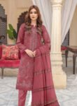 Premium Embroidered Lawn Dusty Rose 3 Piece Suit with Fancy Shawl