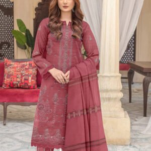 Premium Embroidered Lawn Dusty Rose 3 Piece Suit with Fancy Shawl