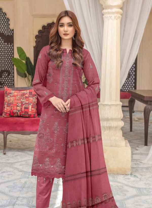 Premium Embroidered Lawn Dusty Rose 3 Piece Suit with Fancy Shawl