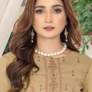 Premium Embroidered Lawn Beige 3 Piece Suit with Fancy Shawl