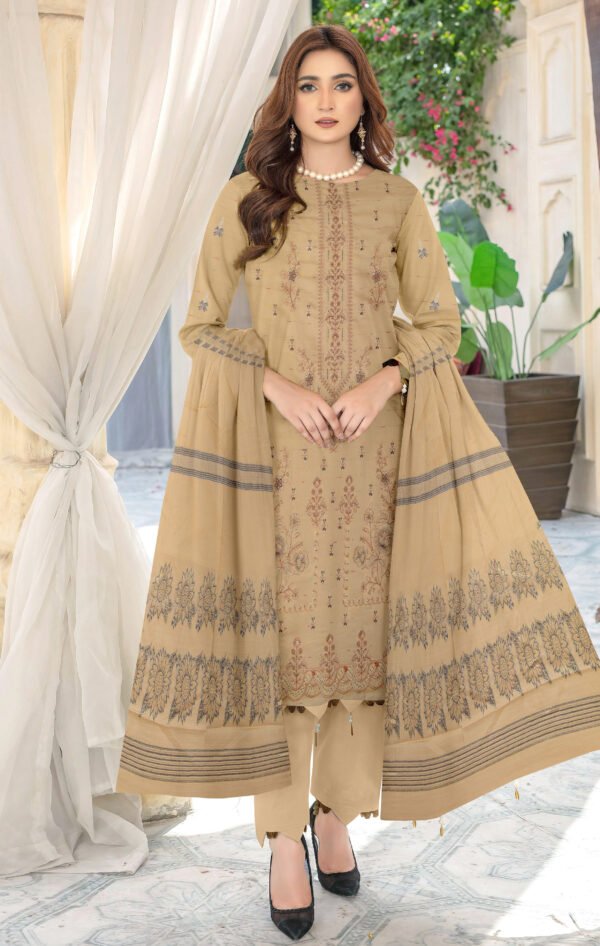 Premium Embroidered Lawn Beige 3 Piece Suit with Fancy Shawl