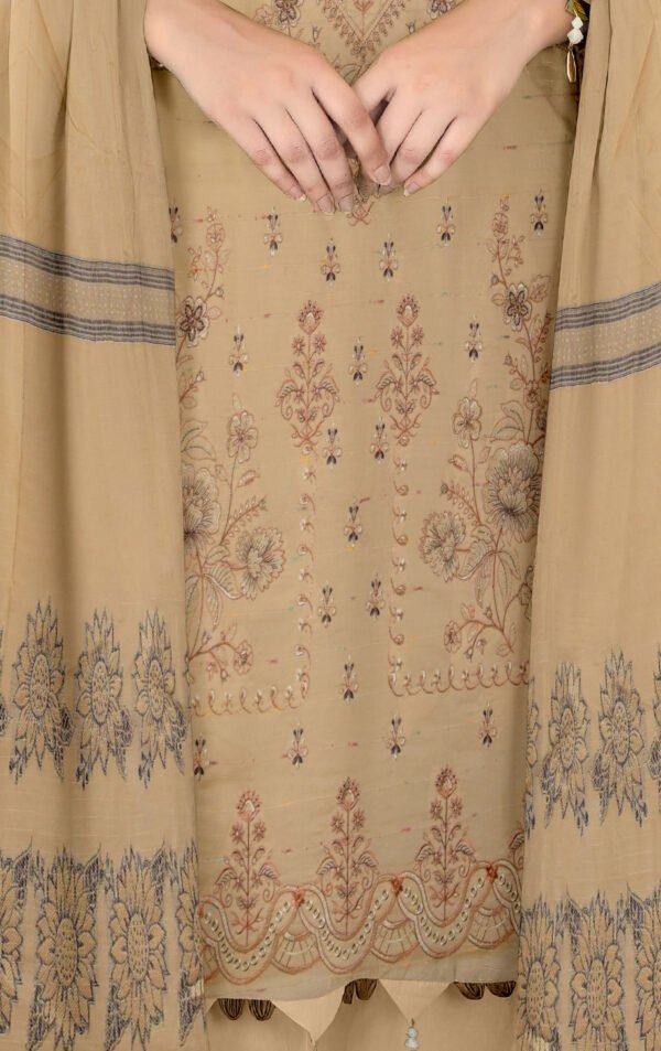 Premium Embroidered Lawn Beige 3 Piece Suit with Fancy Shawl