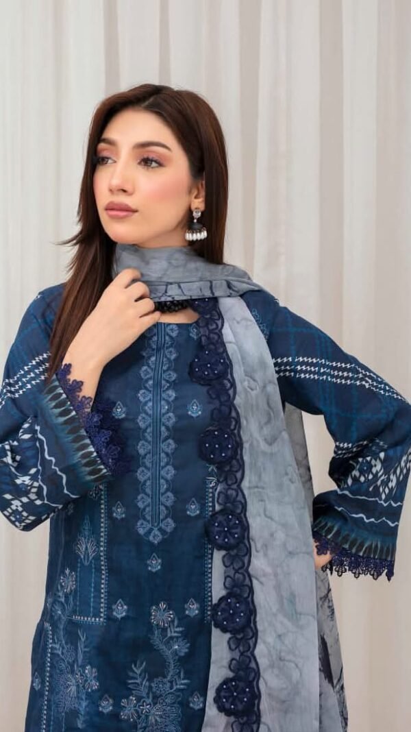 Luxury Lawn Navy Blue 3 Piece Suit